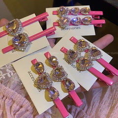 Aveuri Exquisite Pink Rhinestone Heart Hair Clip Set Luxury Korean Y2k Hairpins Barrettes Hair Clamp Hair Accesories For Women Headwear