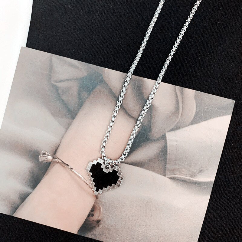 Aveuri Women Punk Black Mosaic Love Pixel Peach Heart Pendant Double Layer Chain Necklace Vintage Neck Necklace Jewelry Gift