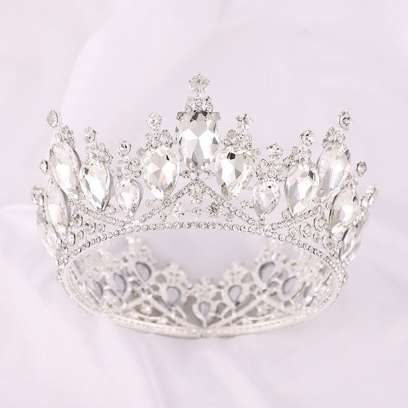 Aveuri Luxury Queen Princess Round Crown Crystal Pearl Big Diadem Wedding Hair Accessories Silver Color Gold Tiara Women Bridal Jewelry