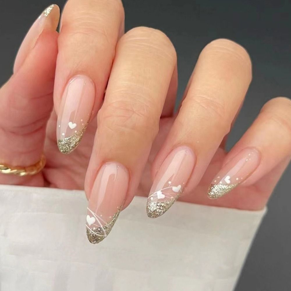 Aveuri 2023  24pcs Detachable Almond French False Nails DIY Glitter Design Press on Nails Fake Nials DIY Manicure Nail Tips