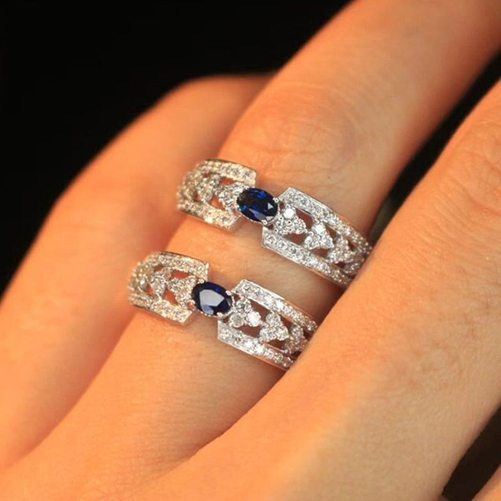 Graduation Gift Retro Women Ring with Bling Blue/White Cubic Zirconia Fancy Finger Accessory for Vintage Party Temperament Female Jewelry
