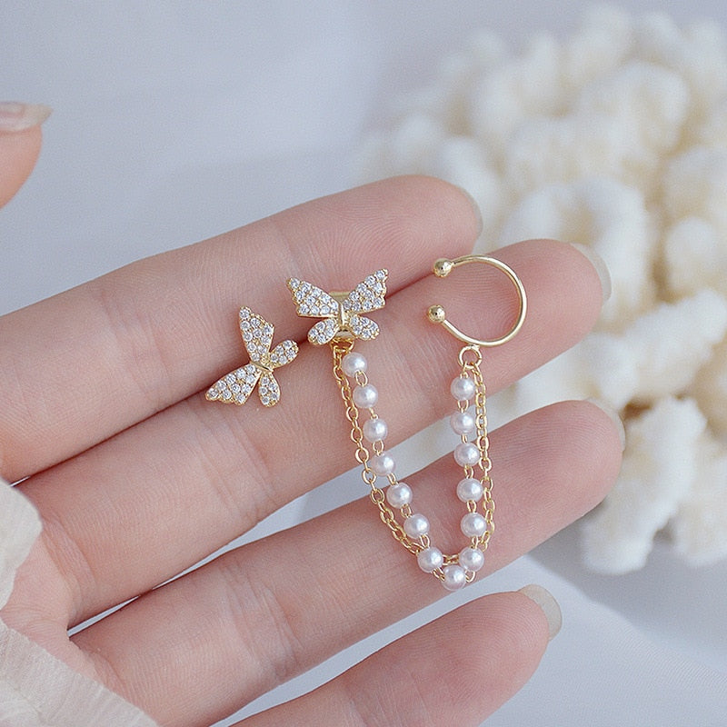 LATS Fashion Crystal Butterfly Clip Earring for Women Pearl Bead Ear Cuff Long Tassels Charm Hollow Earrings Clip Jewelry Gifts