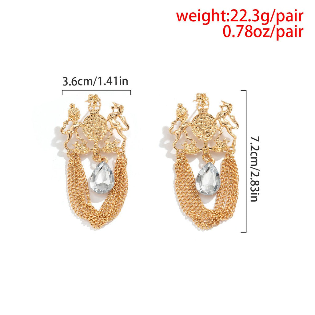 Back to college 2023 Retro Palace Style Diamond Pendant Earrings Simple Metal Chain Guardian God Earrings
