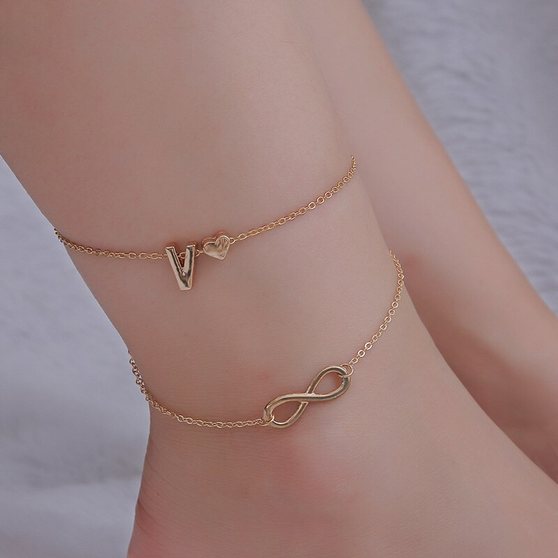 New Fashion A-Z Initial Letter Heart Pendant Anklets Women Double Layer Gold Color Link Chain Anklets For Women Jewelry Gift