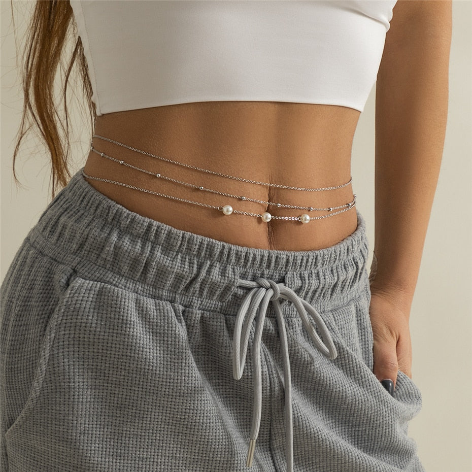 Aveuri Cute Kpop Bohemia Pearl Thin Belt Waist Beads Chain Jeans Delicate Body Jewelry for Women Harness Fashion Natural Decorations