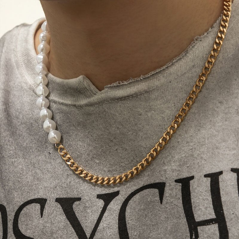 Fashion Stainless Steel Thick Chain Choker Necklaces Men Imitation Pearls Link Chain Necklace Male Women Jewelry Gift
