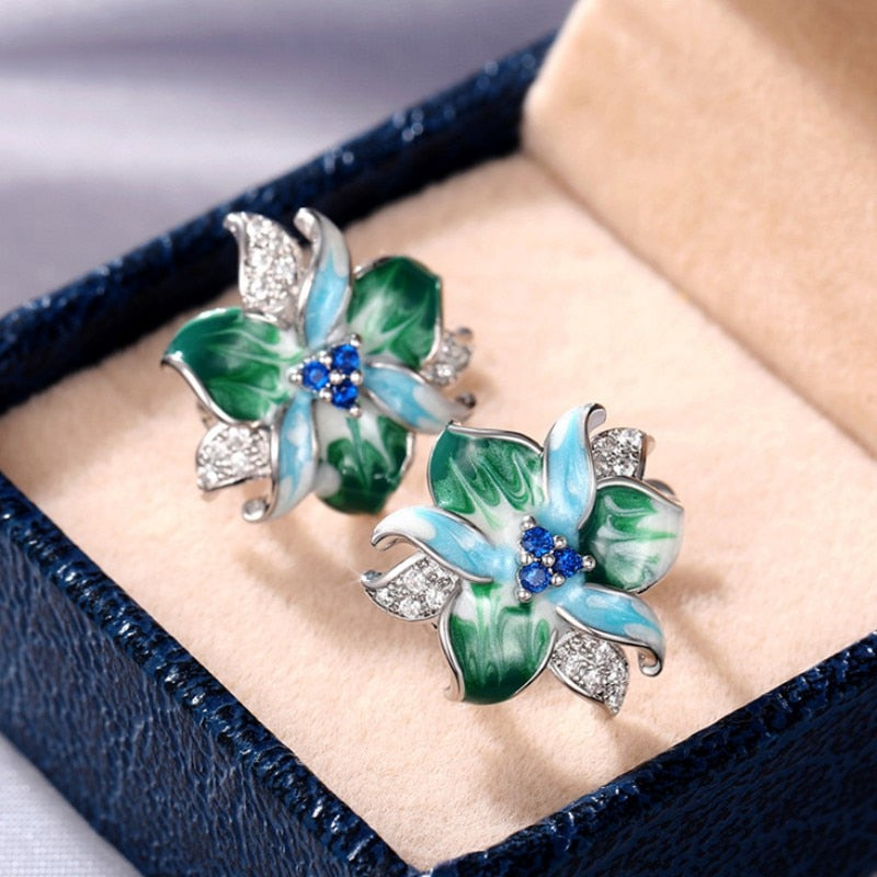 Graduation Gift Green Blue Flower Earrings Women Inlay Sparkling Cubic Zirconia Fancy Anniversary Gift Newly Designed Flowers Ear Jewelry
