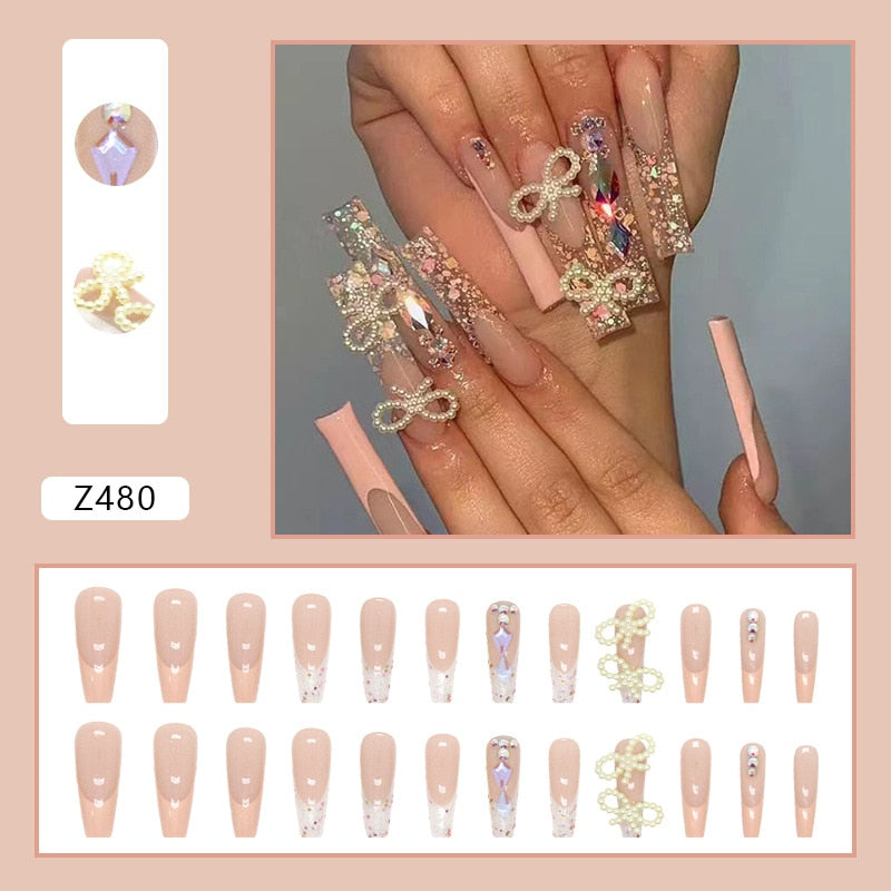 Aveuri  24Pcs Detachable Press on Nails Long Coffin False Nails Wearable with Diamond French Ballet Fake Nails Full Cover Nail Tips