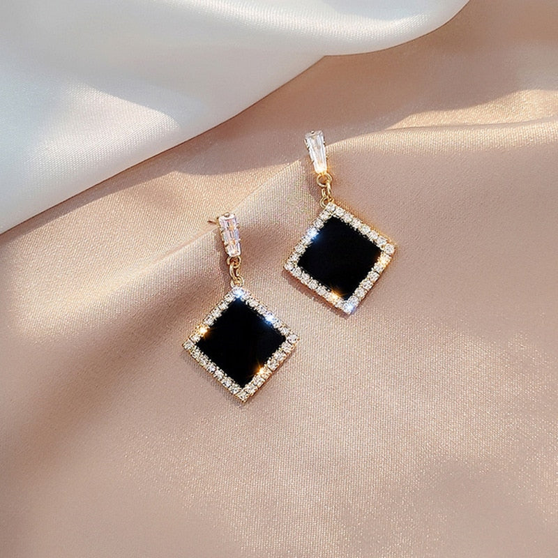 LATS Trend Rhinestone Geometric Drop Earrings for Women Korean Fashion Black Color Dangle Earring 2023 Female Elegant Jewelry