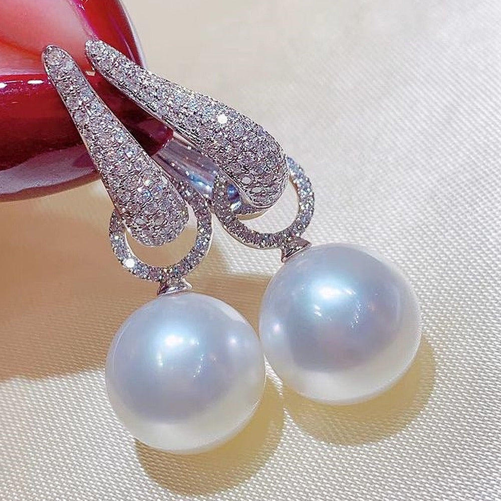 Graduation Gift Temperament Elegant Simulated Pearl Dangle Earrings for Women Sparkling Cubic Zirconia Silver Color Earrings 2022 Jewelry
