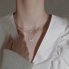 LATS New Elegant Silver color Shiny Butterfly Necklaces Ladies Exquisite Double Layer Clavicle Chain Necklace Jewelry Gift