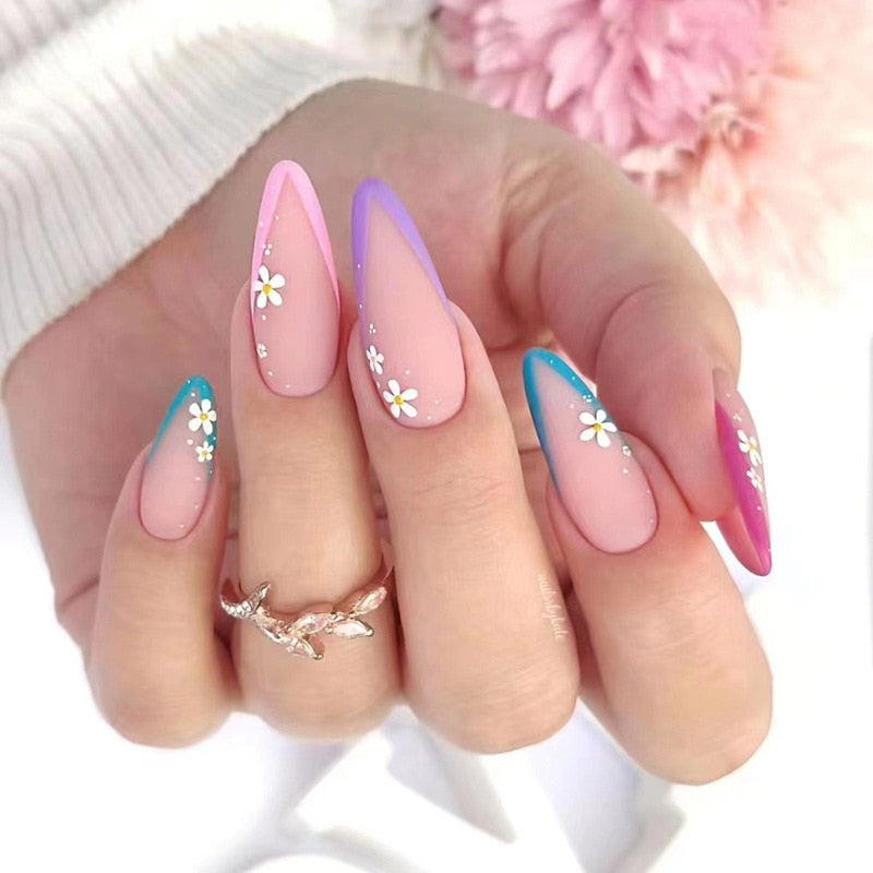 Aveuri 2023  24pcs Detachable Almond French False Nails DIY Glitter Design Press on Nails Fake Nials DIY Manicure Nail Tips