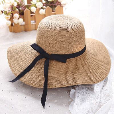 Aveuri 2022 New Simple Foldable Wide Brim Floppy Girls Straw Hat Sun Hat Beach Women Summer Hat UV Protect Travel Cap Lady Cap Female