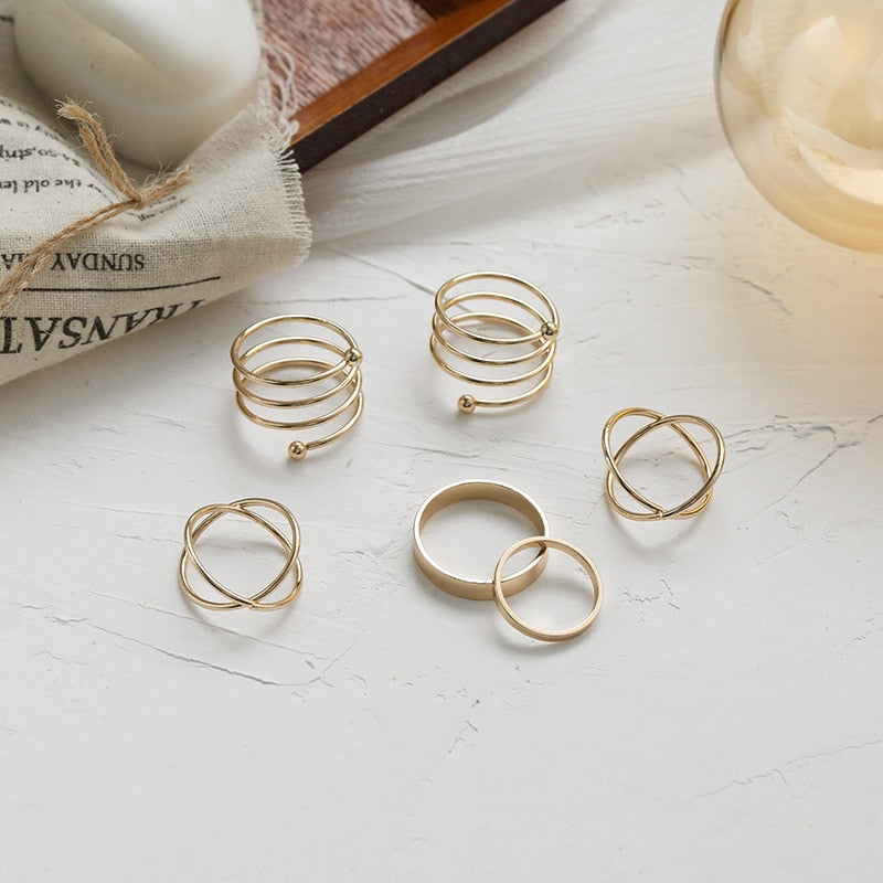 LATS Punk Gold Round Hollow Geometric Rings Set for Women Girls Fashion Cross Twist Open Joint Ring 2023 Female Jewelry Gift