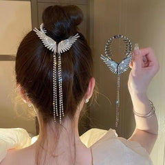 Aveuri Shiny Full Rhinestone Angel Wing Hair Clip Elegant Tassel Pearl Hairpins Ponytail Bun Headbands For Women Girls Hair Accessories