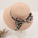 New Check Bowknot Hat Elegant Lady Brand Straw Hat Summer Sun Shading Sunscreen Cap Beach Travel Versatile Korean Cap Visor