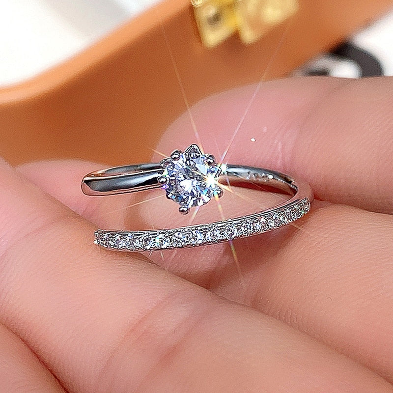 Graduation Gift Luxury Silver Color Open Ring Women Wedding Accessories High Quality AAA Cubic Zirconia Ring Adjustable Fashion Jewelry