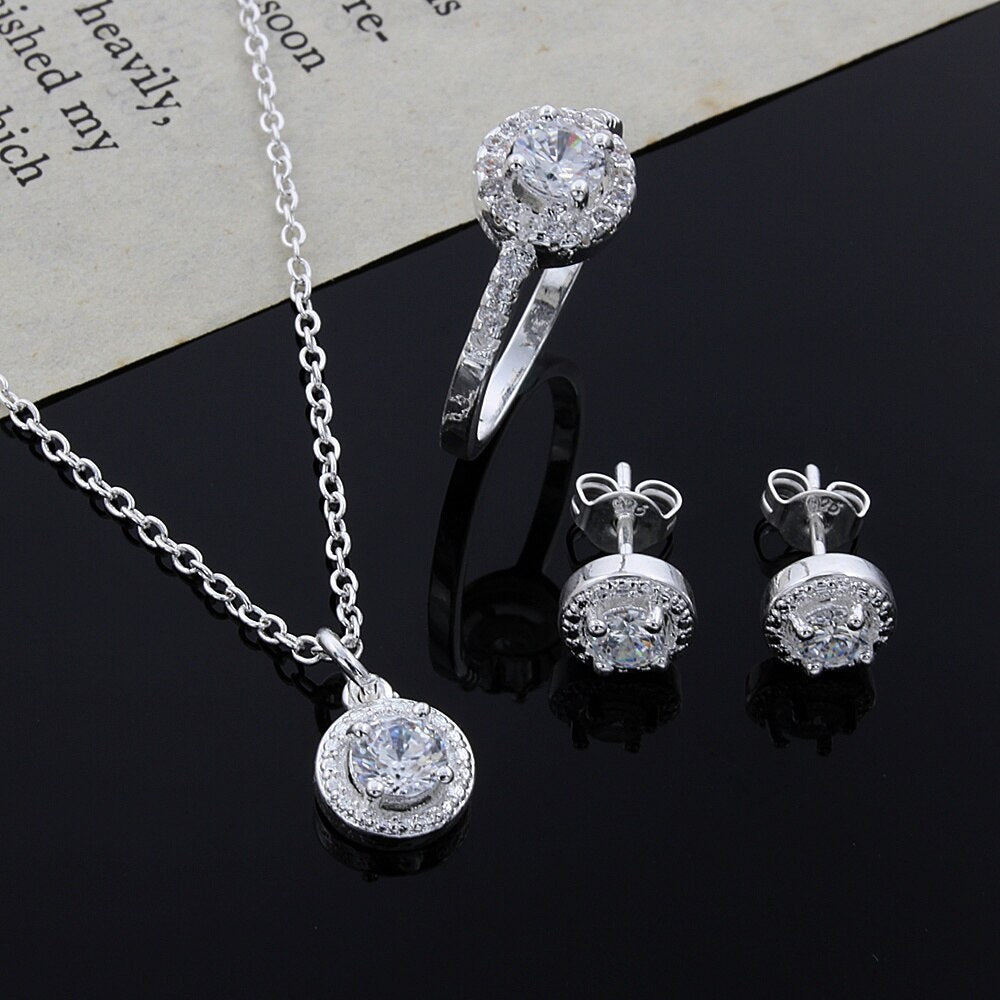 Crystal Jewelry Silver Plated Necklace Pendant Ear Studs Opening Ring Earring Solid Noble Fashion rings elegant for women girl
