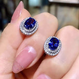 Graduation Gift Gorgeous Blue Cubic Zircon Stud Earrings Temperament Oval Shaped CZ Earrings Wedding Engagement Fashion Jewelry for Women