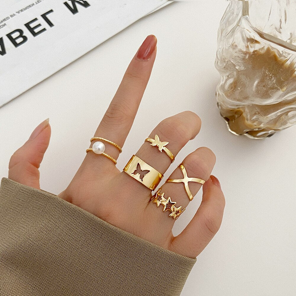 LATS Punk Gold Round Hollow Geometric Rings Set for Women Girls Fashion Cross Twist Open Joint Ring 2023 Female Jewelry Gift