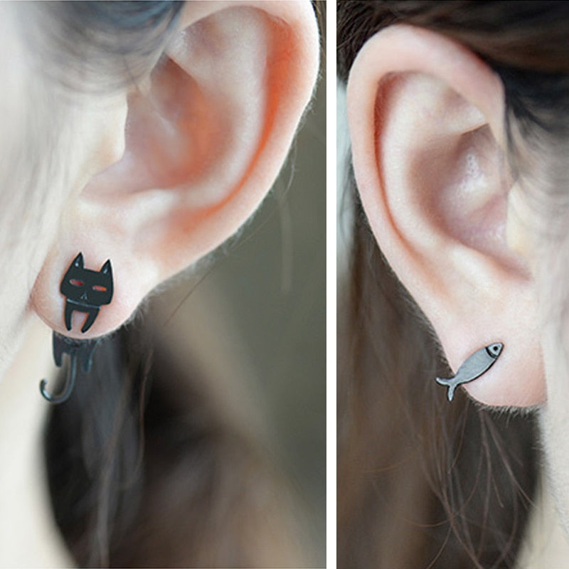 S925 Sterling Silver Stud Earring Cute Cat Fish Ear Stud Hypoallergenic Eardrop Jewelry Studs Prevent Allergy Dangler Ear Ring