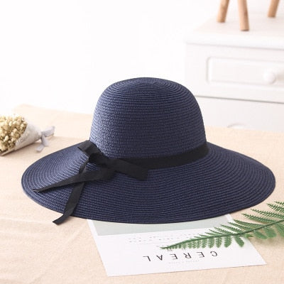 Aveuri 2022 New Simple Foldable Wide Brim Floppy Girls Straw Hat Sun Hat Beach Women Summer Hat UV Protect Travel Cap Lady Cap Female