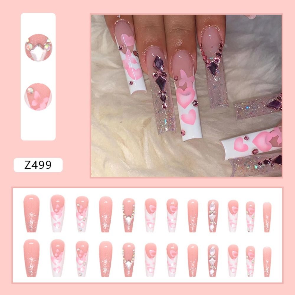 Aveuri  24Pcs Detachable Press on Nails Long Coffin False Nails Wearable with Diamond French Ballet Fake Nails Full Cover Nail Tips