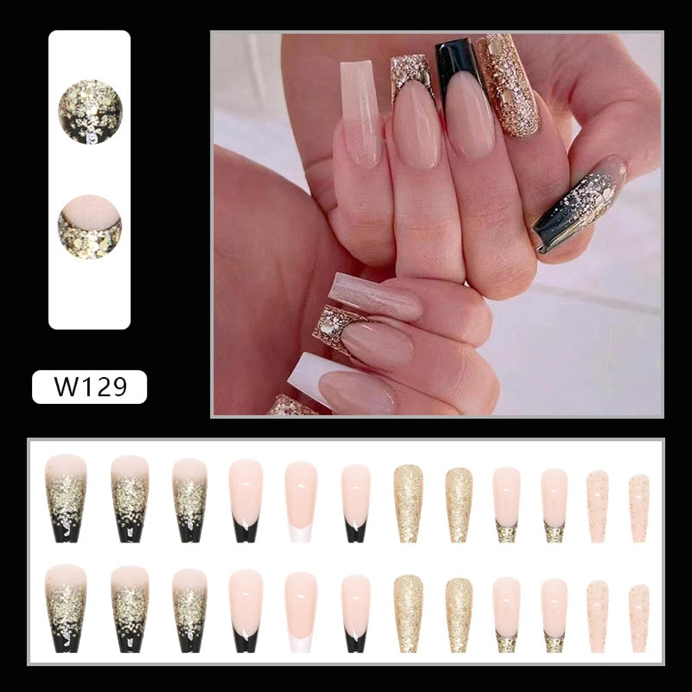 Aveuri 2023  24Pcs Long Coffin False Nails Gold Glitter Sequins Designs Press On Full Cover Fake Nails Tips Wearable Manicure Art Accessories