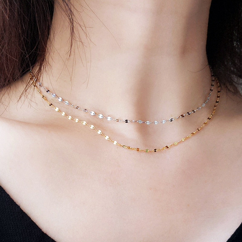 Aveuri Water Wave Chain Stainless Steel Gold Color Chain Necklace For Women Long Chain Choker Clavicle Necklace Do Not Fade Jewelry