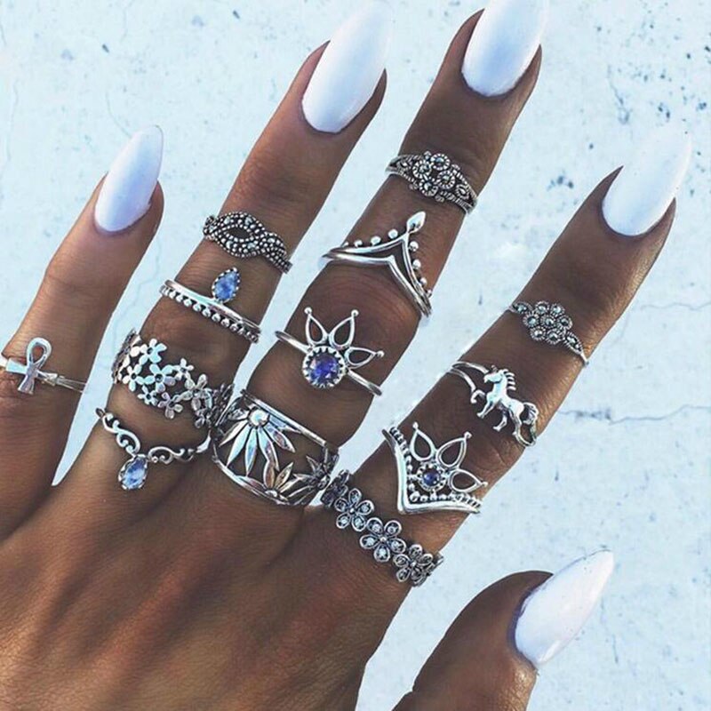 Tocona Bohemian Women's Antique Silver Color Rings Boho Indian Jewelry Vintage Midi Knuckle Ring Set Finger bijoux Femme