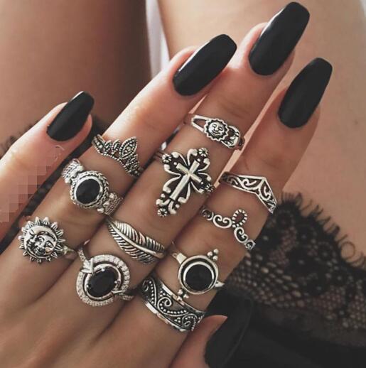 Tocona Bohemian Women's Antique Silver Color Rings Boho Indian Jewelry Vintage Midi Knuckle Ring Set Finger bijoux Femme