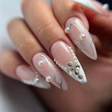 Aveuri 2023  24Pcs Detachable Almond False Nails with Pearl Decoration Elegant Designs French Fake Nails Full Nail Art Tips Press On Nails