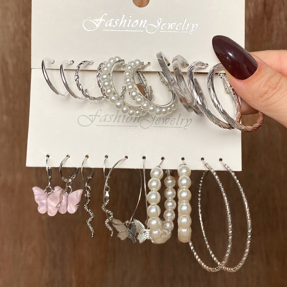 Aveuri  Trendy Silver Color Butterfly Hoop Earrings Set for Women Girls Geometric Irregular Metal Resin Acrylic Earrings Jewelry