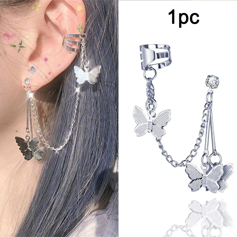 LATS Fashion Crystal Butterfly Clip Earring for Women Pearl Bead Ear Cuff Long Tassels Charm Hollow Earrings Clip Jewelry Gifts