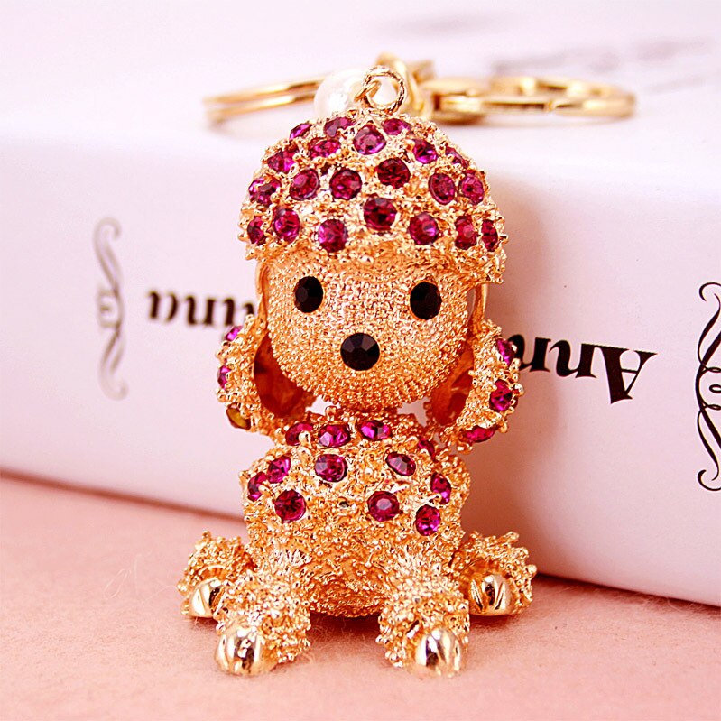 Aveuri Figure Dog Keychain Craft Dog Keychain PVC Vinyl Animal Figure Poodle Trinkets For Car Keychain Rhinestone Metal