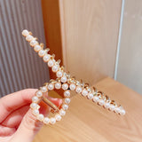 Aveuri Back to school Large Size Gold Metal Hair Claws Elegant Pearl Back Head Ponytail Clip Women Clamp Rhinestone Hair Styling Barrettes Accessories