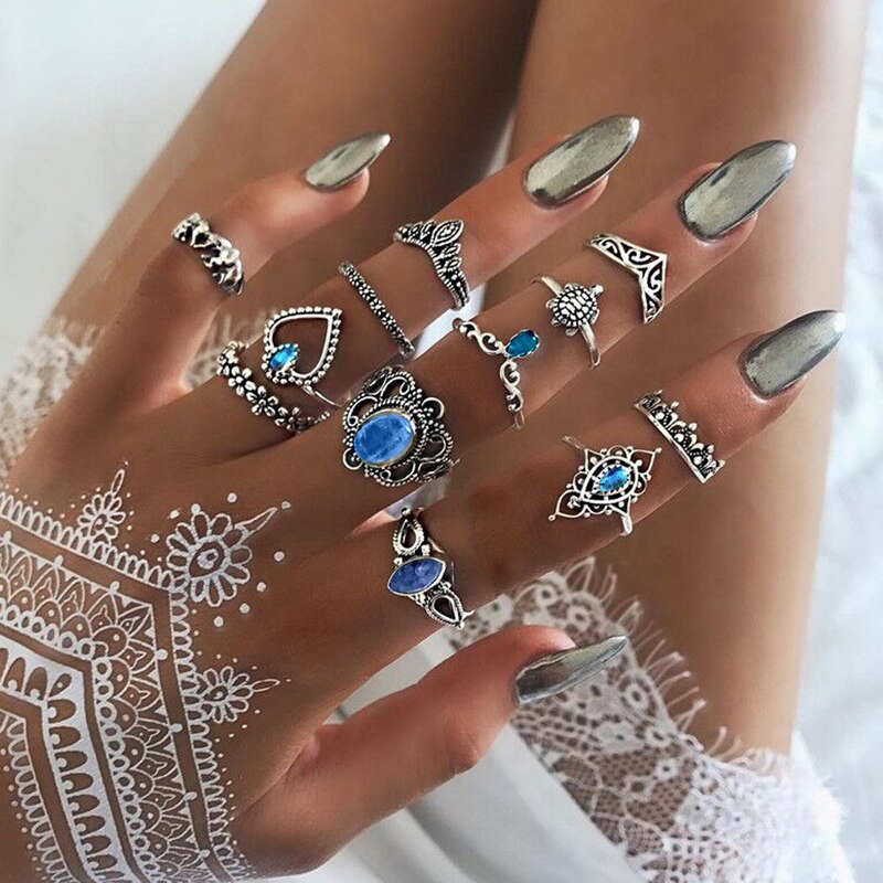 Tocona Bohemian Women's Antique Silver Color Rings Boho Indian Jewelry Vintage Midi Knuckle Ring Set Finger bijoux Femme