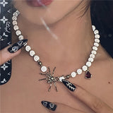 Aveuri Punk Black Bead Stitching Clavicle Chain Dark Color Rhinestone Spider Pendant Round Bead Necklace For Female Jewelry Gifts