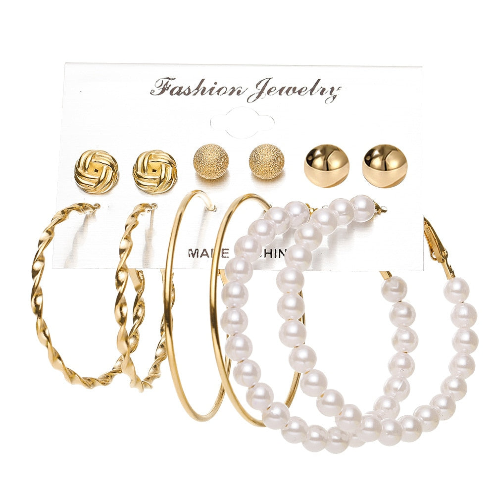 Aveuri 6-piece Women's Earrings Set New Big Circle Pearl Earrings for Women Creative Vintage Hoop Earrings Brincos Fashion Jewelry