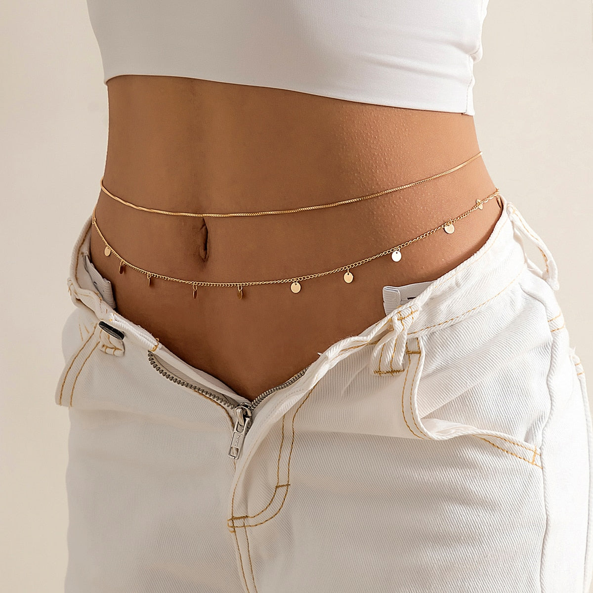 Aveuri Punk Minimalism Multi Layer Belly Belt Chain Women Aesthetic Geometric Sequins Sexy Body Waist Chains Summer Vacation Jewelry