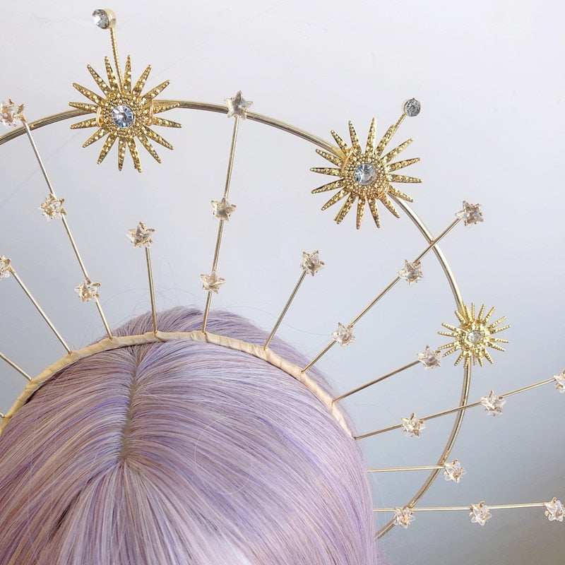 Exclusive design Metal Rhinestone Star Crown Church Shinny Virgin Mary Halo Headband Crystal Starss Goddess Golden Halo Headwear