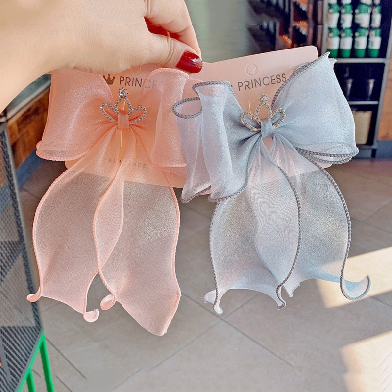 Aveuri Back to school Korean Pearlescent Mesh Streamer Hair Bows  French Clips Crystal Crown Princess Ponytail Hair Clip Sweet Hairgrips Accessories
