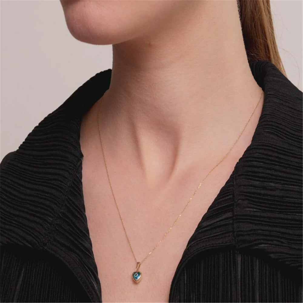 Aveuri S925 Sterling Silver Blue Zircon Devil's Eye Heart Shape Pendant Clavicle Necklace Chain For Women Girl Fine Jewelry Gift