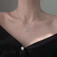 LATS New Elegant Silver color Shiny Butterfly Necklaces Ladies Exquisite Double Layer Clavicle Chain Necklace Jewelry Gift