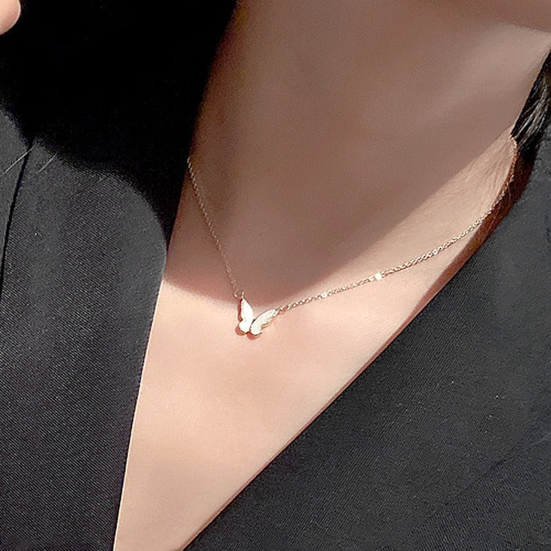 LATS New Elegant Silver color Shiny Butterfly Necklaces Ladies Exquisite Double Layer Clavicle Chain Necklace Jewelry Gift