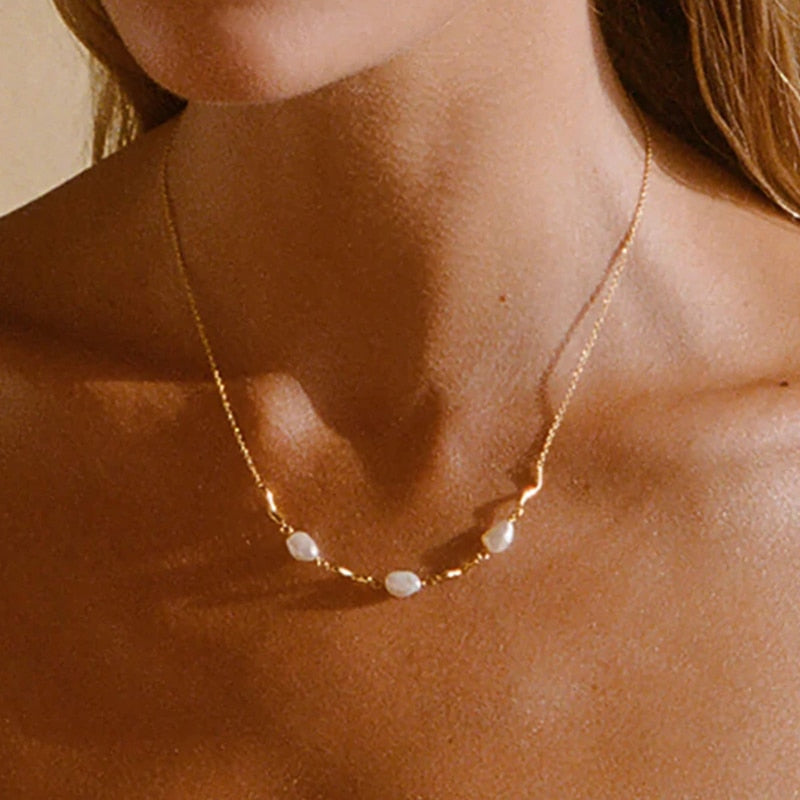 Aveuri 925 Sterling Silver Retro Irregular Wavy Gold Clavicle Chain For Women Gift Pearl Pendant Necklaces Charms Jewelry Collares