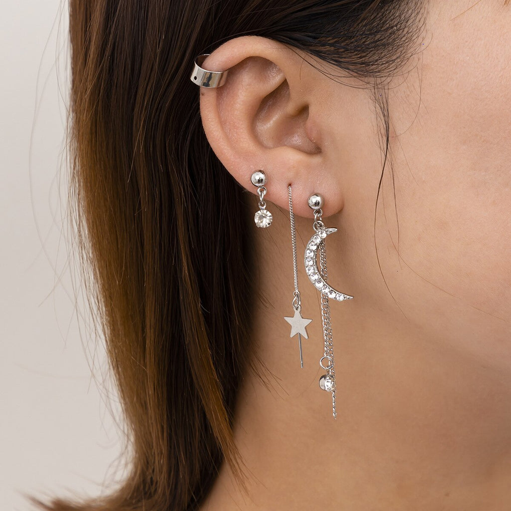 Back to college 2023 Simple And Cold Wind Studded With Diamonds, Stars And Moon Tassel Earrings Trend Metal Chain Ear Line Ear Bone Clip