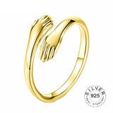 Good-looking Resizable Gold Plated 925 Sterling Silver Ring Trendy Fine Jewelry Loop Hands Hug Shaped Rings for Women Girl .kofo