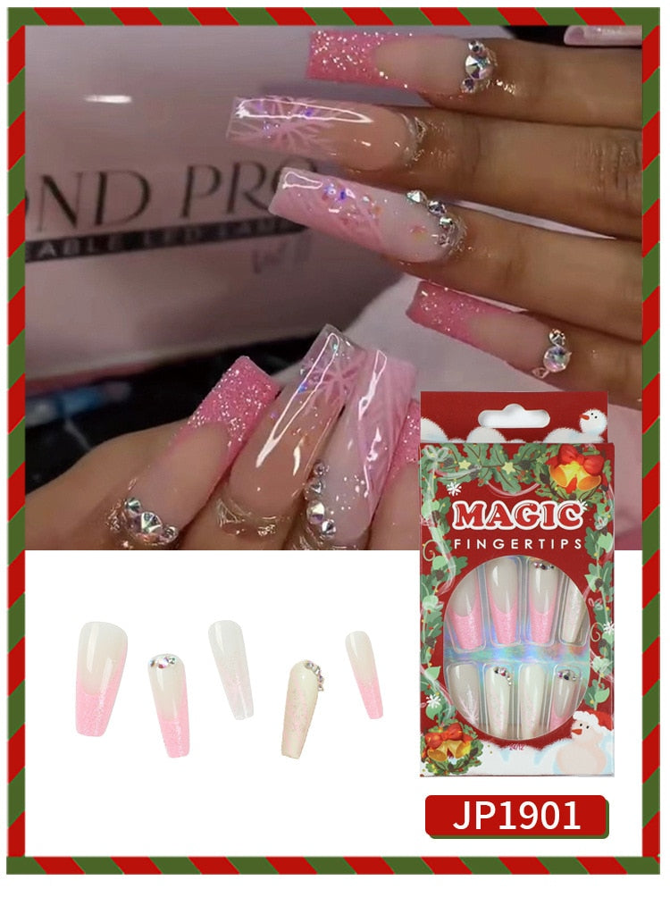 Aveuri  24Pcs Detachable Press on Nails Long Coffin False Nails Wearable with Diamond French Ballet Fake Nails Full Cover Nail Tips