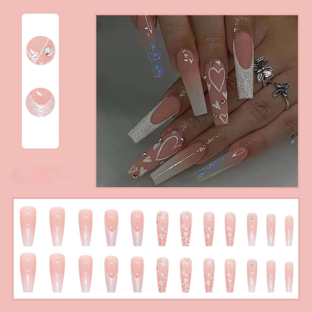 Aveuri  24Pcs Detachable Press on Nails Long Coffin False Nails Wearable with Diamond French Ballet Fake Nails Full Cover Nail Tips